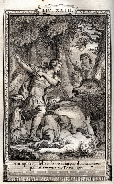 Telemaque dostarcza Antiope z dzika - grawer Monneta z 1798 r. w „Les Aventures de Telemaque, fils d