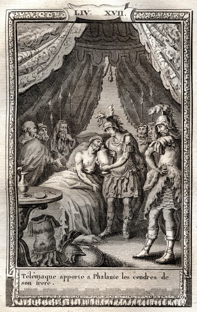 Telemaque opiekuje się ranami Phalante i przynosi mu prochy brata - rycina z 1798 r. według Monneta w „Les Aventures de Telemaque, fils d