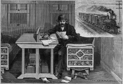 Łączność telefoniczna jadących pociągów, system Thomasa Edisona (1847-1931): pracownik wyposażony w aparat telefoniczny odbierający widmo wewnątrz jadącego wagonu. Grawer w „” La Nature. Revue des sciences et de ses applications aux arts et a l
