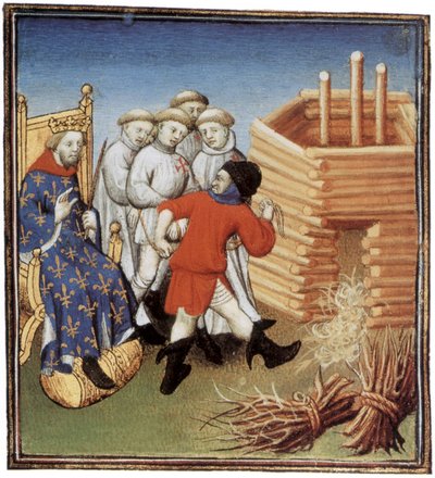 Templariusze mają zostać straceni pod okiem francuskiego króla Filipa IV le Bel w 1310 roku, iluminacja autorstwa French School