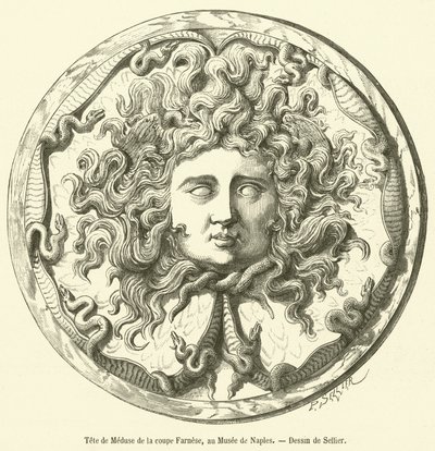 Głowa Meduzy z Pucharu Farnese, w Muzeum Neapolitańskim (grafika) autorstwa French School