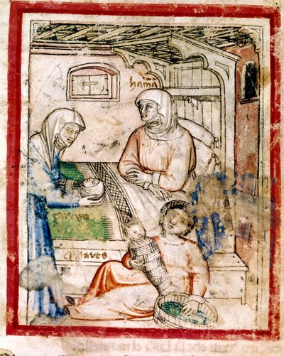 Tamar (Tamar) rodzi dwa bliźniaki, Peretsa i Zeracha, syna Judy, Miniatura z kodeksu 212 (lub kodeksu padovano lub Biblii z Padwy) 1390-1400 autorstwa French School