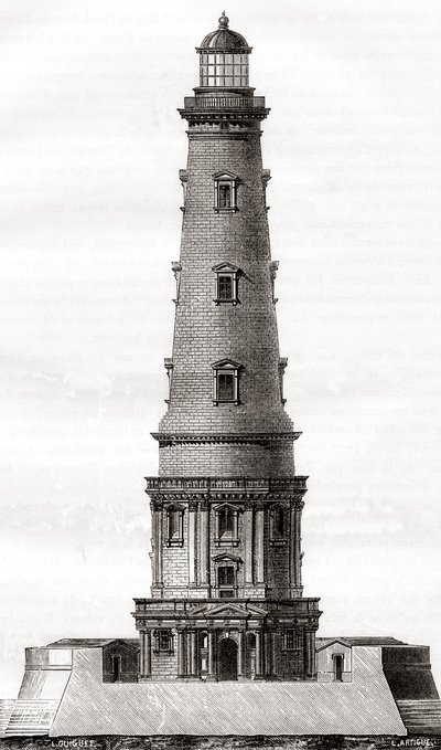 XVII-wieczna latarnia morska w Cordouan, w pobliżu ujścia ujścia Gironde we Francji, widziana tutaj po rozbudowie w XVIII wieku, z Les Merveilles de la Science, wydana ok. 1870 (rycina) autorstwa French School