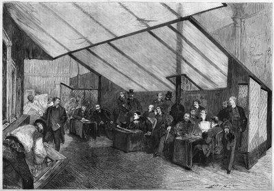 Salon 1872: posiedzenie jury malarstwa. Od prawej do lewej: Meissonnier, Ph. Rousseau, Breton, G. Boulanger, Robert Fleury (Robert-Fleury), Fromentin, Jalabert, Mazerolles, Brion, Bonnat, Baudry, Dubuffe, Delauney, Cabat. Grawerowanie w „” Le autorstwa French School