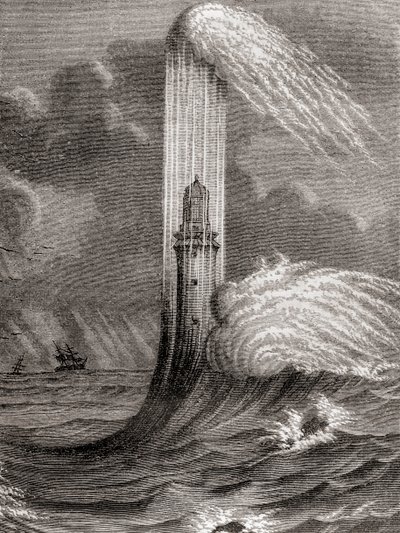 Latarnia Eddystone z XVIII wieku, zbudowana przez Johna Rudyarda, Eddystone Rocks, niedaleko Rame Head w Anglii, z „Les Merveilles de la Science”, opublikowana ok. 1870 r. (rycina) autorstwa French School