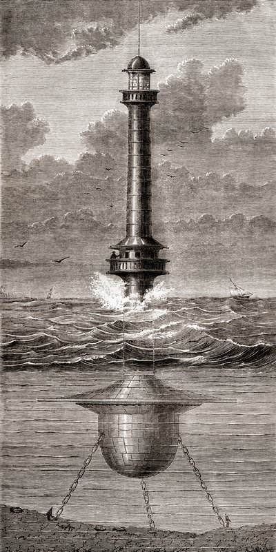 Pływająca latarnia morska z XIX wieku umieszczona przy wejściu do portu w Liverpoolu w Anglii, z „Les Merveilles de la Science”, opublikowana ok. 1870 r. (rycina) autorstwa French School