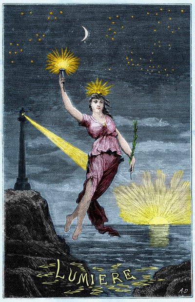 Alegoria Światła - Allegorie de la Lumiere - Grawerowanie w „Naukach udostępnionych dla wszystkich - fizyka i chemia” Alexisa Clerca - Koniec XIX wieku - Kolekcja prywatna autorstwa French School