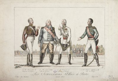 Władcy alianccy w Paryżu, 1815, Aleksander I, cesarz Rosji, Ludwik XVIII, król Francji, Franciszek I, cesarz Austrii i Fryderyk Wilhelm III, król Prus, wyd. Martinet, 1815 autorstwa French School