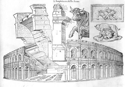 Arena Nimes, ilustracja z Discours historyl de lantique et illustre cite de Nismes autorstwa Jeana Poldo dAlbenas, opublikowana w 1560 r. autorstwa French School