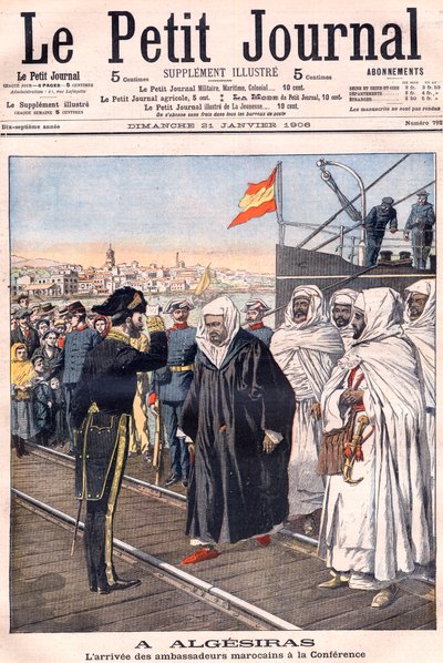 Przybycie ambasadorów marokańskich, w tym Sidi-Mohammeda Torresa na konferencję w Algeciras, z „Le Petit Journal”, styczeń 1906 – Międzynarodowa konferencja mocarstw europejskich i Stanów Zjednoczonych zorganizowana w celu omówienia stosunków Francji z Mar autorstwa French School