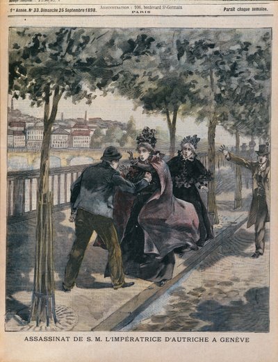 Zabójstwo Elżbiety (1837-98) Cesarzowa Austrii w Genewie, przednia okładka LAnnee Illustree, 25 września 1898 (kolorowe grawerowanie) autorstwa French School