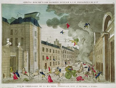 Próba zabójstwa Napoleona Bonaparte (1769-1821) na Rue Saint-Nicaise, Paryż, 24 grudnia 1800 (kolorowy grawerunek) autorstwa French School