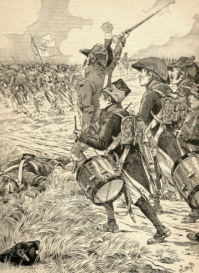 Bitwa pod Marengo we Włoszech w 1800 roku toczyła się między siłami francuskimi pod dowództwem Napoleona Bonaparte a Austriakami. Z Agenda Buvard du Bon Marche opublikowanej w 1917 r. autorstwa French School