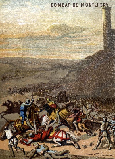 Bitwa pod Montlhery (1227): Królestwa i feodalit - Blanche de Castille, regentka jego syna Ludwika IX, matują bunt wielkiego feudalnego. Chromolitografia z cyklu „Wychowanie patriotyczne przez obraz”. autorstwa French School