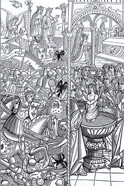 Bitwa pod Tolbiakiem i Chrzest króla Chlodwiga z „Mirouer Historial de France”, wydanej w 1516 r. autorstwa French School