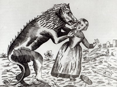 Bestia z Gevaudan atakuje młodą dziewczynę autorstwa French School