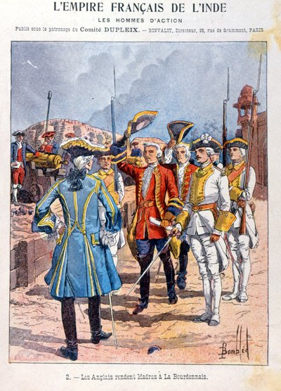 Brytyjczycy poddają Madras francuskiemu dowódcy Mahe de la Bourdonnais 21 września 1746 r., okładka szkolnego zeszytu ćwiczeń, ok. 1900 r. autorstwa French School