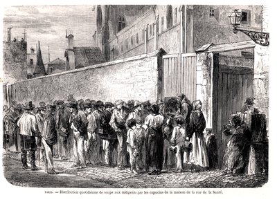 Kapucyni z rue de la Sante Rozdawanie ubogim codziennej zupy, z Le Monde Illustre, 1860 autorstwa French School