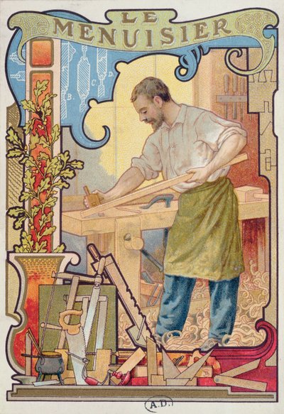 Cieśla, ilustracja z księgi o rzemiośle, ok.1899 autorstwa French School