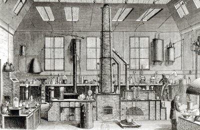 Laboratorium Chemiczne Szkoły w Paryżu, z Almanach du Magasin Pittoresque, 1870 autorstwa French School