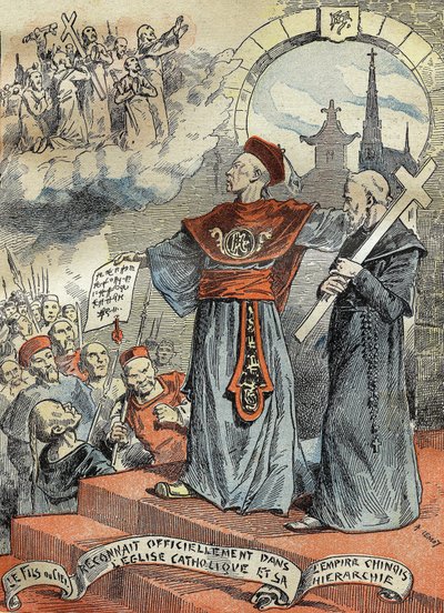 Chiński cesarz Guangxu (Kouang-siu lub Kouang Siu) (1872-1908) oficjalnie uznał Kościół Katolicki i jego hierarchię. Grawer w „Le Pelerin”” 25.05.1899. autorstwa French School
