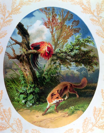 Kogucik i lis, ilustracja po bajce Jeana de la Fontaine (1621-95) ok. 1860-80 autorstwa French School