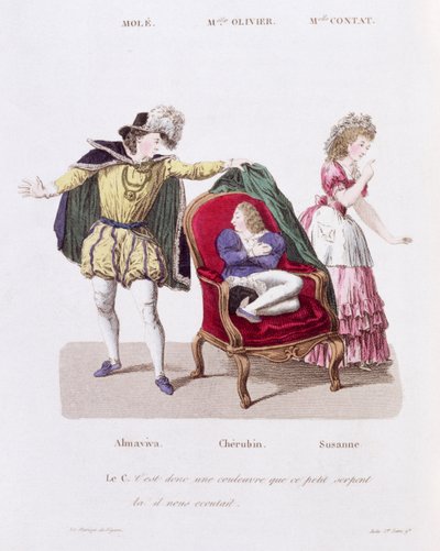 Hrabia odkrywa Cherubin, akt I, scena 9 z Wesela Figara Pierre Augustin Caron de Beamarchais (1732-99) autorstwa French School