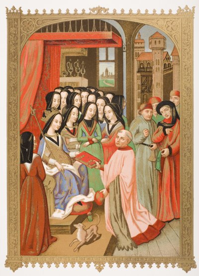Dwór Marii z Anjou (1404-63) faksymile miniatury z „Dwunastu niebezpieczeństw piekła”, z „Le Moyen Age et La Renaissance” Paula Lacroix (1806-84) opublikowanej w 1847 r. autorstwa French School