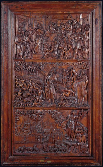 Credo, Panel IV: Odpuszczenie grzechów, Wizja Ezechiela suchych kości i Wizja św. Jana Jerozolimy, 1587 (drewno) (patrz także 414036-8) autorstwa French School