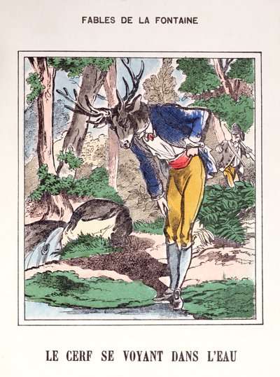Jeleń widzący się w wodzie, z „Fables de La Fontaine” (kolorowy grawerunek) autorstwa French School