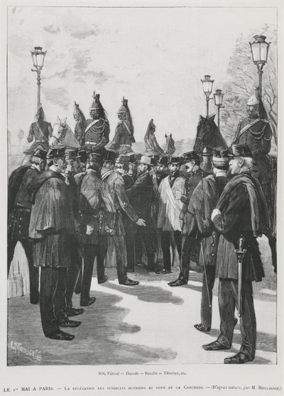 Delegacja Związków Zawodowych w Pont de la Concorde podczas demonstracji na 1 maja w Paryżu, 1 maja 1890, rycina L. Moulignie, ryt) autorstwa French School