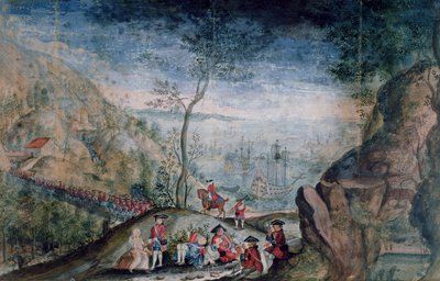 Wyokrętowanie 50 żołnierzy ze szwajcarskiego pułku Karrer w Louisbourg na wyspie Cap-Breton w latach 1722-33 (wc na papierze) autorstwa French School