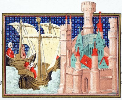 Książę Salisbury przybywający do zamku Conway z Irlandii, faksymile z Le Prince et Mort du Roy Richart autorstwa Jeana Cretona, drukowany XIX w. autorstwa French School