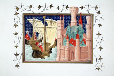 Książę Salisbury przybywający do zamku Conway z Irlandii, faksymile z Le Prince et Mort du Roy Richart autorstwa Jeana Cretona, drukowany XIX w. autorstwa French School