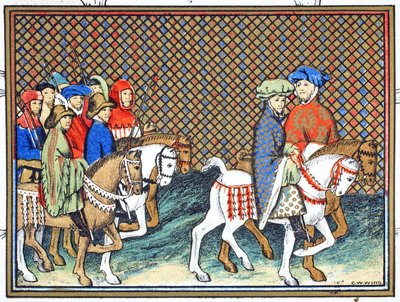 Książęta Exeter i Surrey wysłani przez Ryszarda II z zamku Conway do Chester w celu leczenia z księciem Lancaster, faksymile z Le Prinse et Mort du Roy Richart autorstwa Jeana Cretona, przedruk XIX autorstwa French School