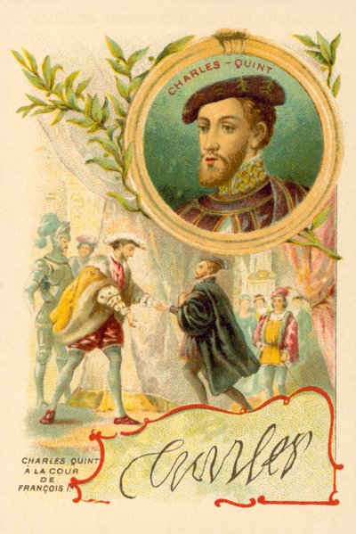 Cesarz Karol V na dworze Franciszka I Francji (chromolitho) autorstwa French School