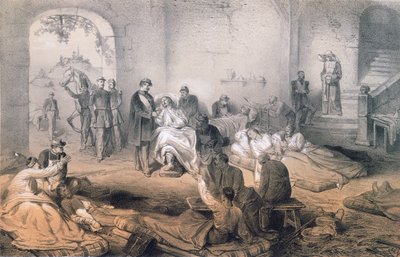 Cesarz Napoleon III odwiedzający rannych żołnierzy po bitwie pod Solferino, 24 czerwca 1859 r. autorstwa French School