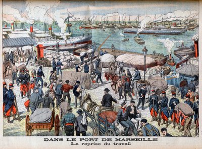 Koniec strajku w Marsylii, ilustracja z „Le petit Journal”, 23 października 1904 - W PORTIE MARSYLIA - Powrót do pracy - Po zbyt długich dniach bezrobotnych port w Marsylii w końcu wznowił działalność autorstwa French School