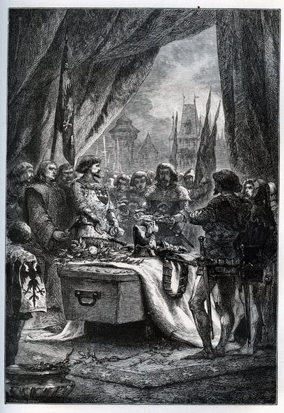 Angielski gubernator Chateauneuf de Randon (Chateauneuf-de-Randon, Owernia) poddał się i przybył, aby złożyć klucze do placu na trumnie Bertranda du Guesclin (1320-1380), przed którym 13 lipca 1380 r. obleganie. Le connetable die autorstwa French School