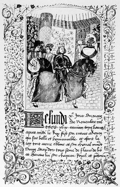 Wjazd Karola VII (1403-61) do Rouen w 1450 r., z rękopisu zawierającego opis wojny stuletniej, ilustracja z nauki i literatury średniowiecza i renesansu autorstwa French School