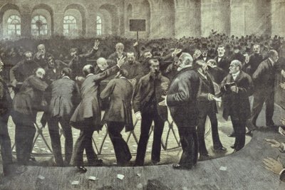 Słynny Corbeille na Giełdzie Paryskiej, ok. 1885 r. autorstwa French School