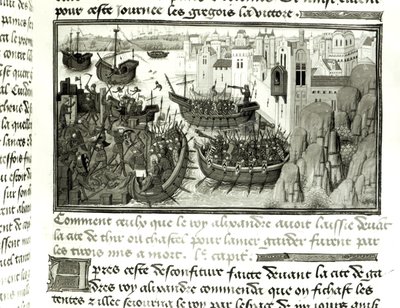 Pierwszy atak na Tyr, z Histoire du Grand Alexandre 1460 autorstwa French School