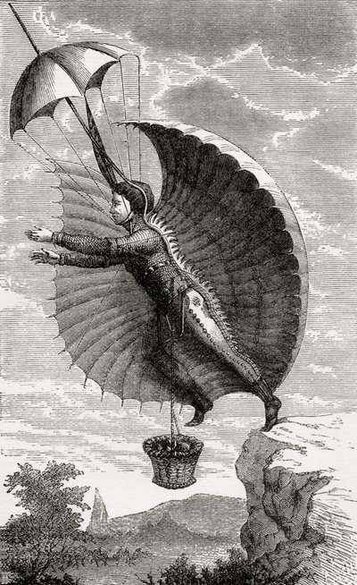 Latający człowiek, ryty według Nicolasa Edme Restifa de la Bretonne, z „Wonderful Balloon Ascents or the Conquest of the Skies”, autorstwa Fulgence Marion, opublikowanej ok. 1870 r. autorstwa French School