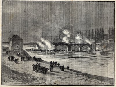 Wojna francusko-pruska - Obrona Paryża - spalenie mostu w Asnieres - Pożar mostu w Asnieres podczas oblężenia (obrony) Paryża Grawerowanie w „” Les combatants de 1870-71”” przez dowódcę Leonce Rousset (1850- 1938) - Wojna francusko-pruska - ( autorstwa French School