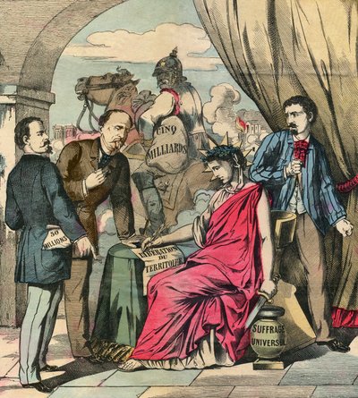 Traktat frankfurcki podpisany 10 maja 1871 r. zakończył wojnę francusko-niemiecką po negocjacjach między Adolphem Thiersem i Ottonem von Bismarckiem: Francja musiała odstąpić Alzację i część Lotaryngii oraz zapłacić 5 miliardów franków. Rycina w "Le Figaro autorstwa French School