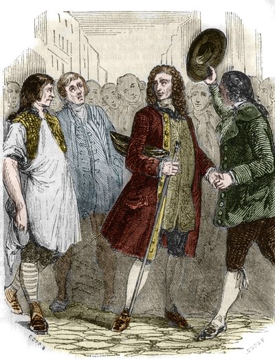 Francuski pisarz i filozof Francois-Marie Arouet dit Voltaire (1694-1778) powrócił do Francji po wygnaniu. Rycina XIX wieku. autorstwa French School