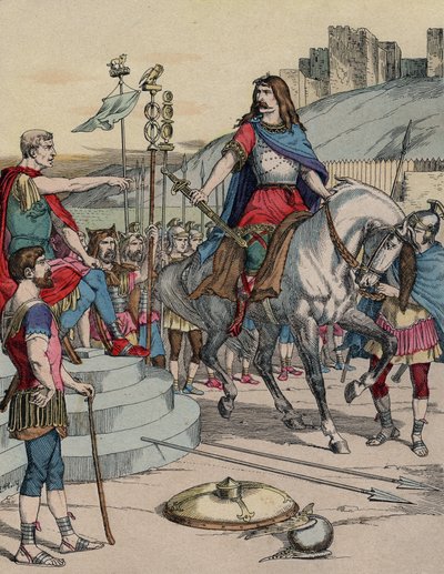 Wódz galijski Wercyngetoryks (72-46 p.n.e.) poddający się rzymskiemu wodzowi Juliuszowi Cezarowi (100-44 p.n.e.) po bitwie pod Alezją w 52 p.n.e. - „” Galijski przywódca Wercyngetoryks (72-46 pne) poddający się rzymskiemu wodzowi Julesowi Cezarowi (100-44  autorstwa French School
