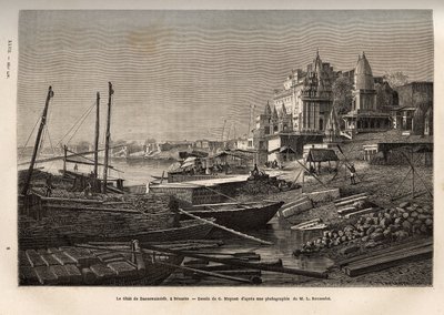 Ghat de Benares (dzisiejszy Vanarasi) (ghat oznaczający stopnie pokrywające brzegi rzek oraz brzegi basenów i zbiorników, które pozwalają schodzić w kontakcie z wodą), wygrawerowany według rysunku G. Moyneta, ilustrujący podróż t autorstwa French School