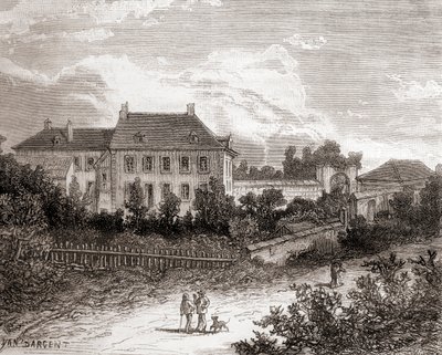 Dom w Gras, niedaleko Chalon-sur-Saône, Francja, gdzie francuski wynalazca Nicéphore Niépce opracował heliografię, z Les Merveilles de la Science, opublikowanego ok. 1870 r. (rycina) autorstwa French School