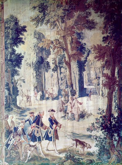 Polowanie Ludwika XV, gobelin, poł. XVIII w. (materiał) autorstwa French School